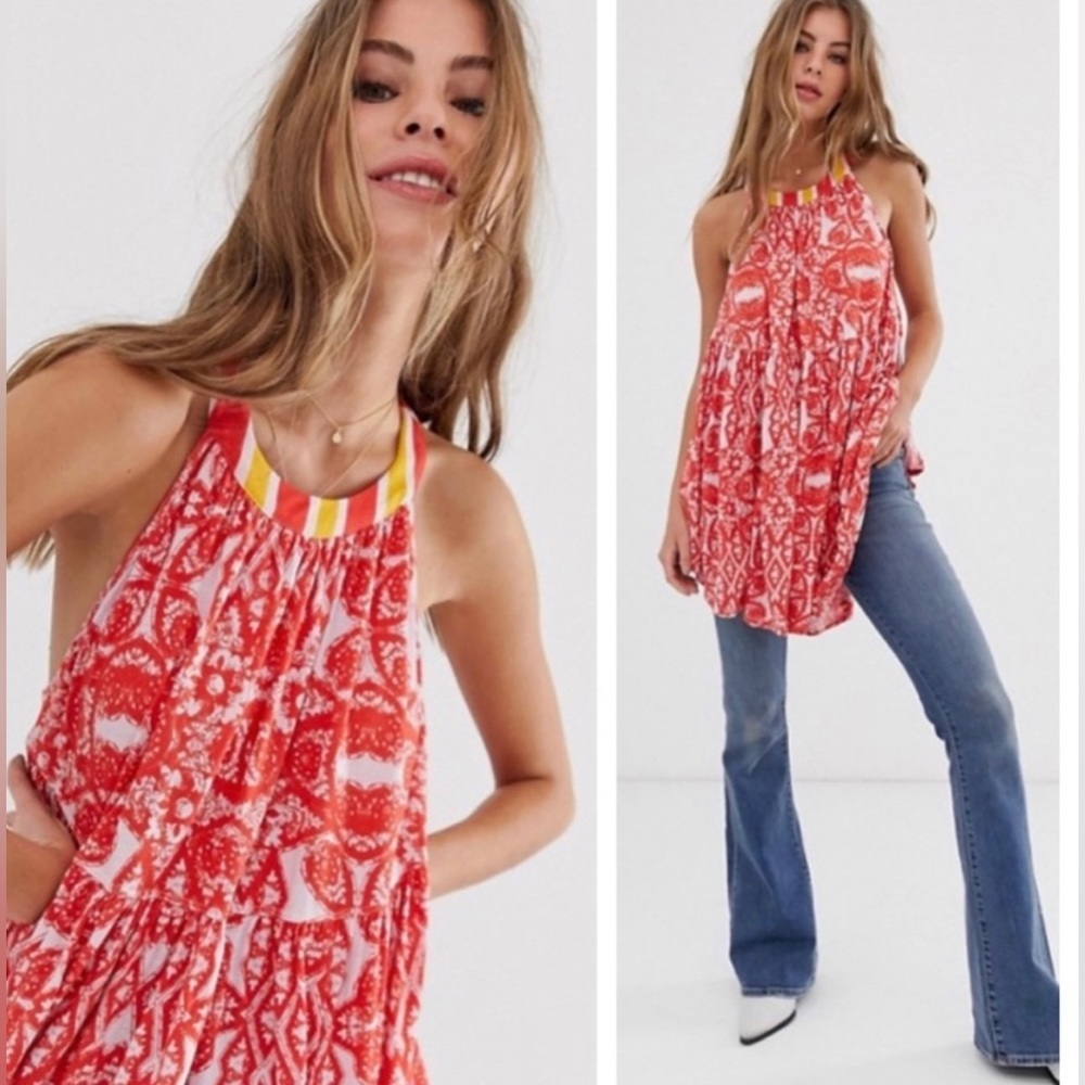 - Free People Mimi Tunic Red & White Combo Boho Blouse Tank NWOT
